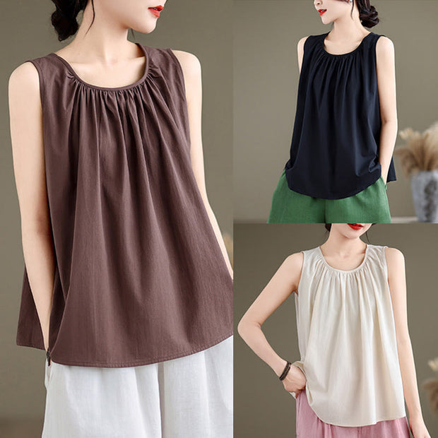 Buddha Stones Summer Artistic Solid Color Pleated Crew Neck Design Women's Cotton Linen  Vest