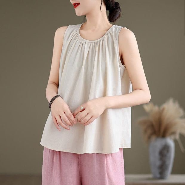 Buddha Stones Summer Artistic Solid Color Pleated Crew Neck Design Women's Cotton Linen  Vest