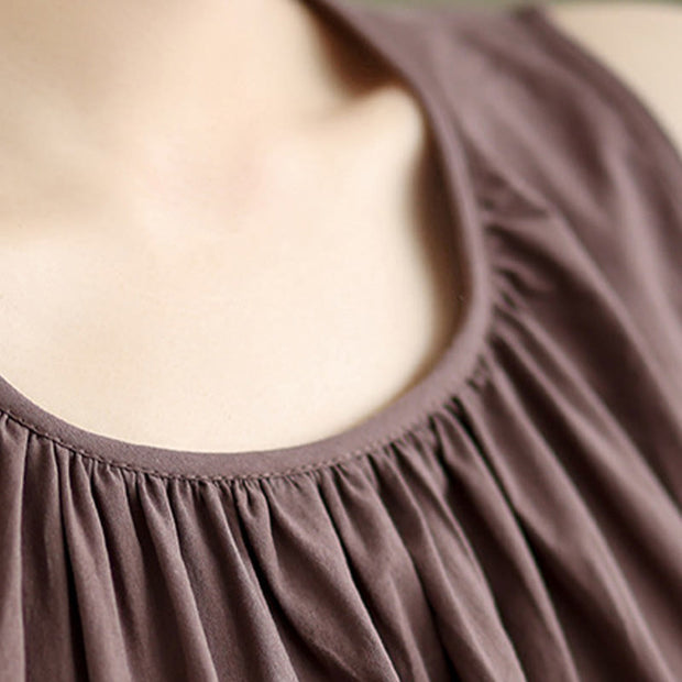 Buddha Stones Summer Artistic Solid Color Pleated Crew Neck Design Women's Cotton Linen  Vest