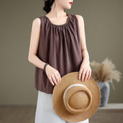Buddha Stones Summer Artistic Solid Color Pleated Crew Neck Design Women's Cotton Linen  Vest