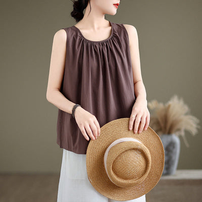 Buddha Stones Summer Artistic Solid Color Pleated Crew Neck Design Women's Cotton Linen  Vest