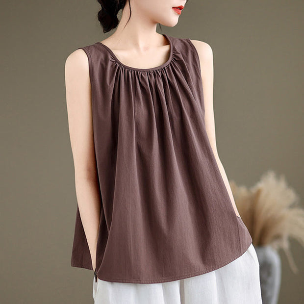 Buddha Stones Summer Artistic Solid Color Pleated Crew Neck Design Women's Cotton Linen  Vest