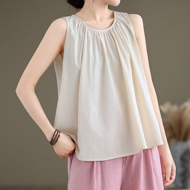 Buddha Stones Summer Artistic Solid Color Pleated Crew Neck Design Women's Cotton Linen  Vest