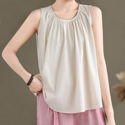 Buddha Stones Summer Artistic Solid Color Pleated Crew Neck Design Women's Cotton Linen  Vest