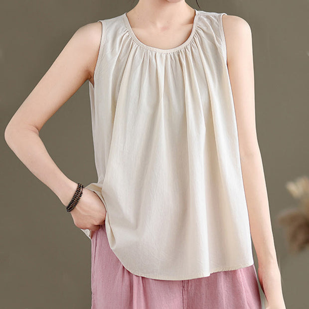 Buddha Stones Summer Artistic Solid Color Pleated Crew Neck Design Women's Cotton Linen  Vest