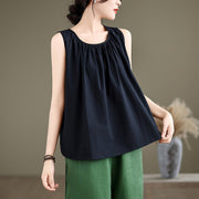 Buddha Stones Summer Artistic Solid Color Pleated Crew Neck Design Women's Cotton Linen  Vest