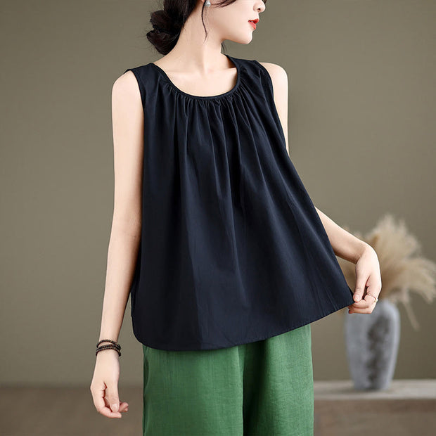 Buddha Stones Summer Artistic Solid Color Pleated Crew Neck Design Women's Cotton Linen  Vest