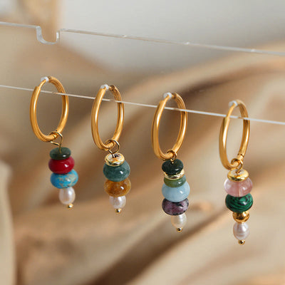 Buddha Stones Tibetan Marnyi Stone Design Natural Red Agate Pearl Confidence Titanium Steel Earrings