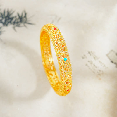 Buddha Stones Copper Plated Gold Flowers Vine Pattern Luck Bracelet Bangle 2.44 IN (62 MM)
