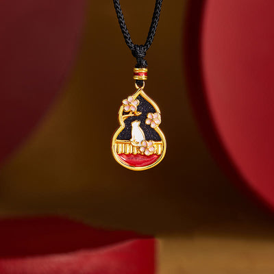 Buddha Stones 925 Sterling Silver Peach Blossom Cat Gourd Pattern Protection Necklace Pendant