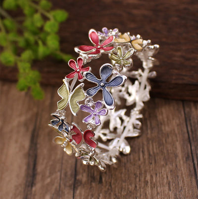 Buddha Stones Colorful Butterfly Flowers Love Alloy Elastic Bracelet Bangle