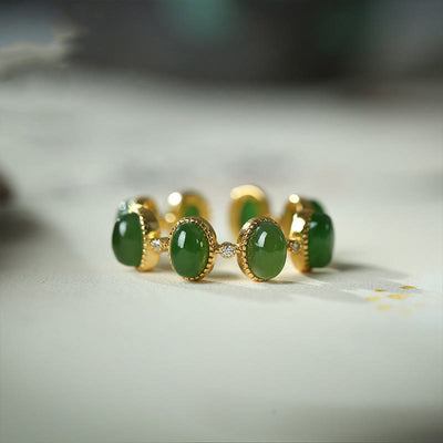 Buddha Stones 925 Sterling Silver Hetian Cyan Jade Beads Healing Adjustable Ring