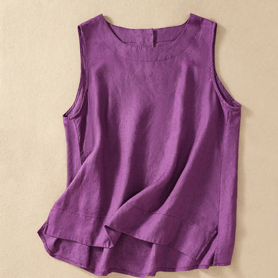 Buddha Stones Casual Solid Color Back Button Asymmetrical Crew Neck Sleeveless Women's Cotton Linen Vest