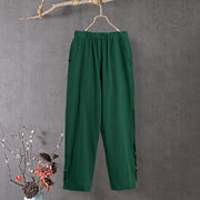Buddha Stones Casual Pure Color Hollow Button Cuff Design Women's Cotton Linen Pants With Pockets