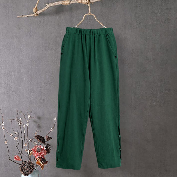 Buddha Stones Casual Pure Color Hollow Button Cuff Design Women's Cotton Linen Pants With Pockets