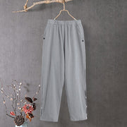 Buddha Stones Casual Pure Color Hollow Button Cuff Design Women's Cotton Linen Pants With Pockets