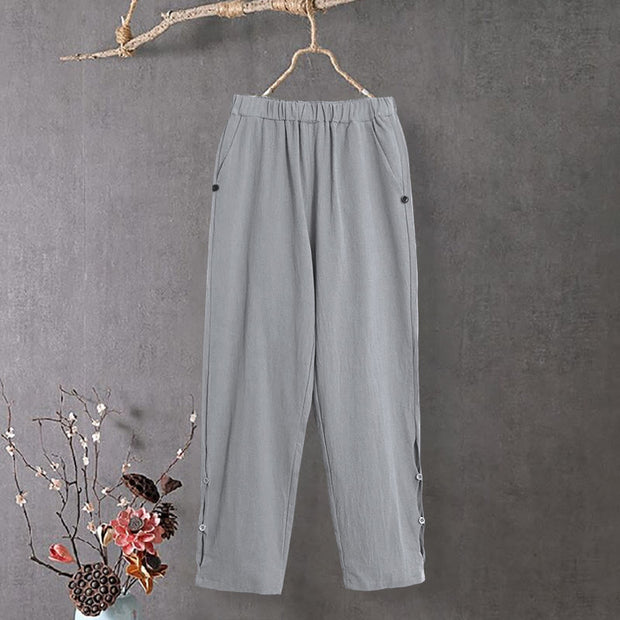 Buddha Stones Casual Pure Color Hollow Button Cuff Design Women's Cotton Linen Pants With Pockets