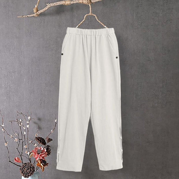 Buddha Stones Casual Pure Color Hollow Button Cuff Design Women's Cotton Linen Pants With Pockets