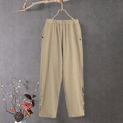 Buddha Stones Casual Pure Color Hollow Button Cuff Design Women's Cotton Linen Pants With Pockets