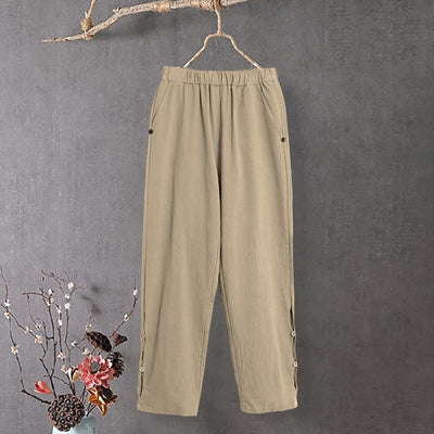 Buddha Stones Casual Pure Color Hollow Button Cuff Design Women's Cotton Linen Pants With Pockets