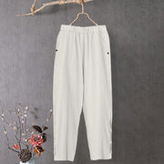 Buddha Stones Casual Pure Color Hollow Button Cuff Design Women's Cotton Linen Pants With Pockets