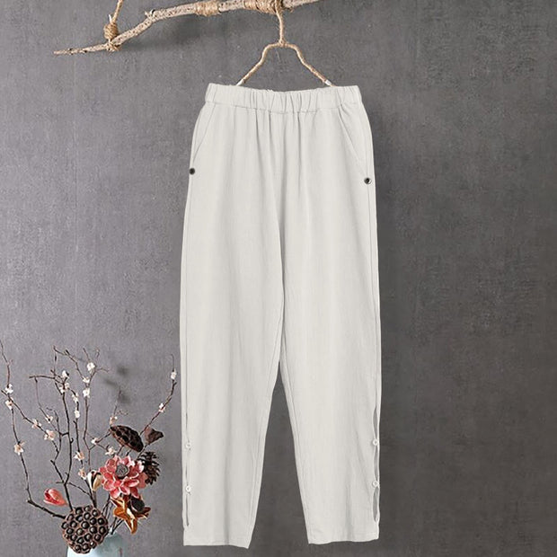 Buddha Stones Casual Pure Color Hollow Button Cuff Design Women's Cotton Linen Pants With Pockets