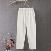 Buddha Stones Casual Pure Color Hollow Button Cuff Design Women's Cotton Linen Pants With Pockets