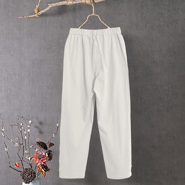 Buddha Stones Casual Pure Color Hollow Button Cuff Design Women's Cotton Linen Pants With Pockets
