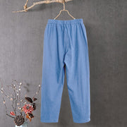 Buddha Stones Casual Pure Color Hollow Button Cuff Design Women's Cotton Linen Pants With Pockets