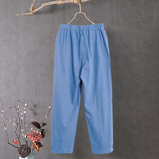 Buddha Stones Casual Pure Color Hollow Button Cuff Design Women's Cotton Linen Pants With Pockets