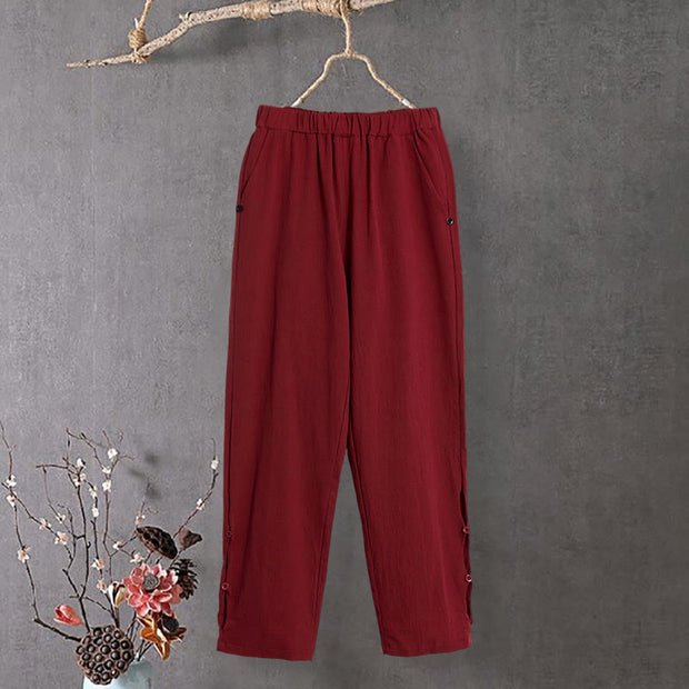 Buddha Stones Casual Pure Color Hollow Button Cuff Design Women's Cotton Linen Pants With Pockets