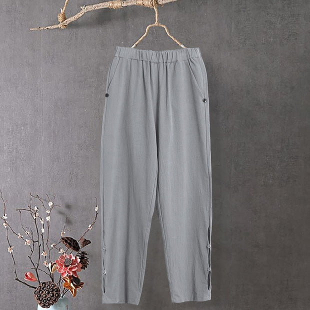 Buddha Stones Casual Pure Color Hollow Button Cuff Design Women's Cotton Linen Pants With Pockets