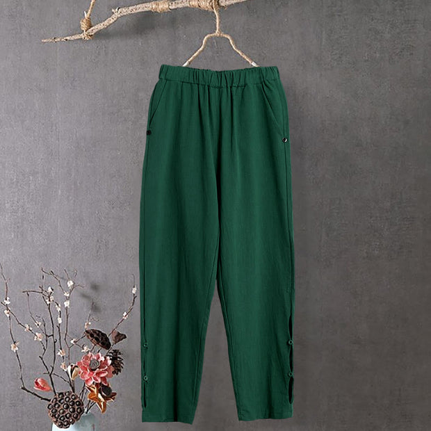 Buddha Stones Casual Pure Color Hollow Button Cuff Design Women's Cotton Linen Pants With Pockets