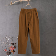 Buddha Stones Casual Pure Color Hollow Button Cuff Design Women's Cotton Linen Pants With Pockets