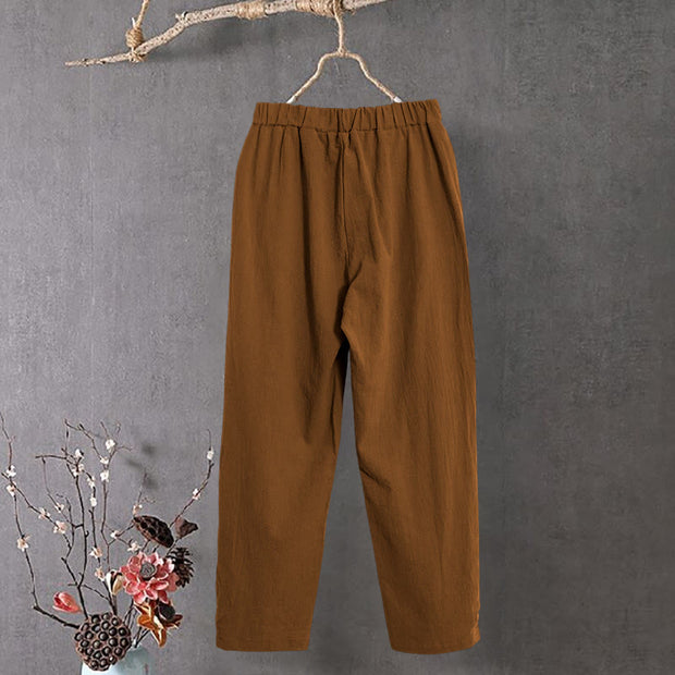 Buddha Stones Casual Pure Color Hollow Button Cuff Design Women's Cotton Linen Pants With Pockets