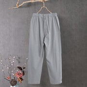Buddha Stones Casual Pure Color Hollow Button Cuff Design Women's Cotton Linen Pants With Pockets
