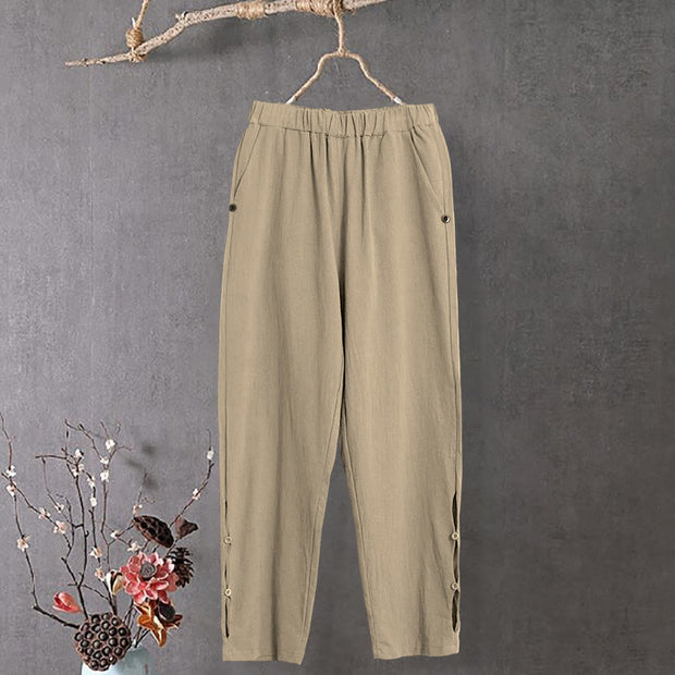 Buddha Stones Casual Pure Color Hollow Button Cuff Design Women's Cotton Linen Pants With Pockets