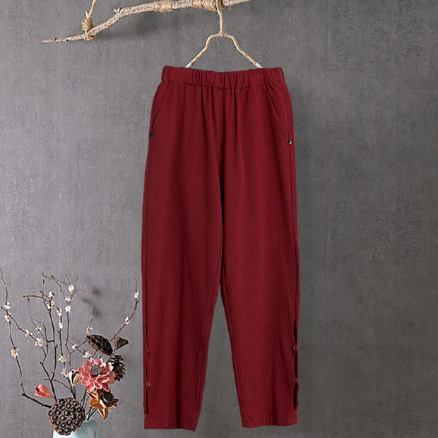 Buddha Stones Casual Pure Color Hollow Button Cuff Design Women's Cotton Linen Pants With Pockets