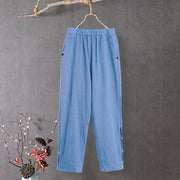 Buddha Stones Casual Pure Color Hollow Button Cuff Design Women's Cotton Linen Pants With Pockets