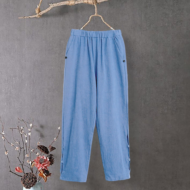 Buddha Stones Casual Pure Color Hollow Button Cuff Design Women's Cotton Linen Pants With Pockets