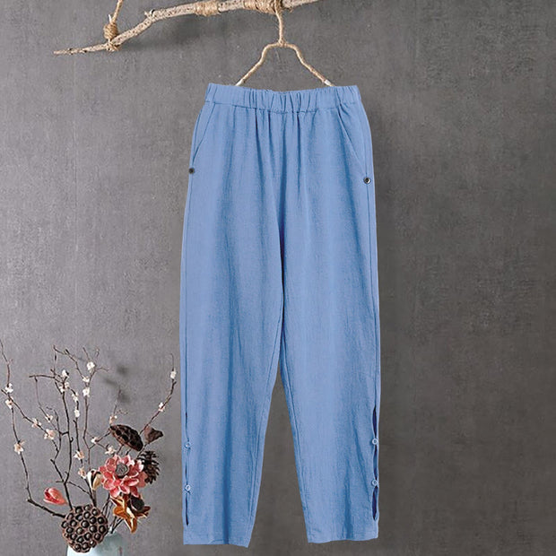 Buddha Stones Casual Pure Color Hollow Button Cuff Design Women's Cotton Linen Pants With Pockets