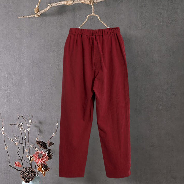Buddha Stones Casual Pure Color Hollow Button Cuff Design Women's Cotton Linen Pants With Pockets