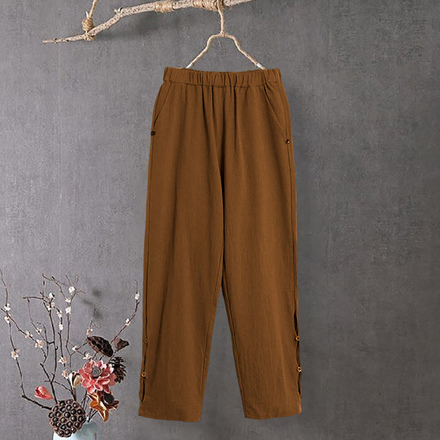 Buddha Stones Casual Pure Color Hollow Button Cuff Design Women's Cotton Linen Pants With Pockets