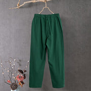 Buddha Stones Casual Pure Color Hollow Button Cuff Design Women's Cotton Linen Pants With Pockets