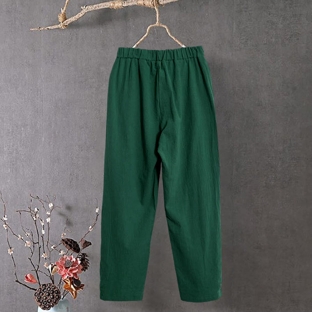 Buddha Stones Casual Pure Color Hollow Button Cuff Design Women's Cotton Linen Pants With Pockets