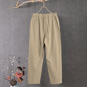 Buddha Stones Casual Pure Color Hollow Button Cuff Design Women's Cotton Linen Pants With Pockets