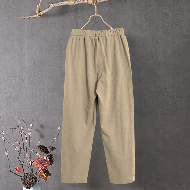 Buddha Stones Casual Pure Color Hollow Button Cuff Design Women's Cotton Linen Pants With Pockets
