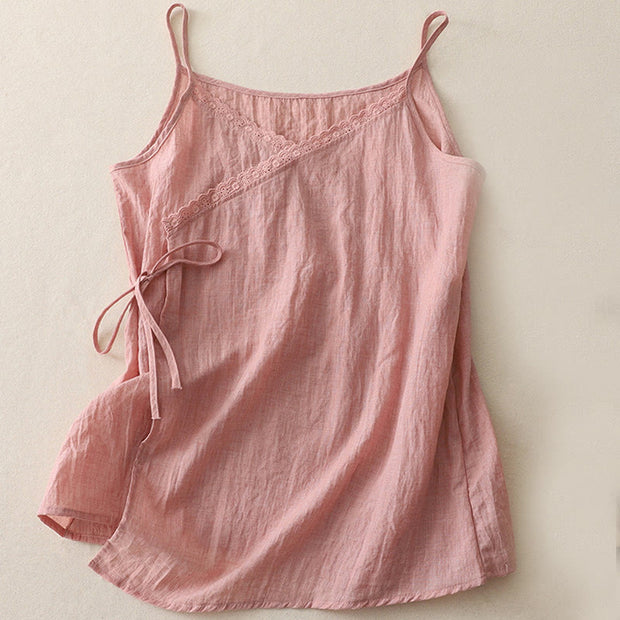 Buddha Stones Vintage Side Lace-up Splicing Lace V-neck Sleeveless Women's Cotton Linen Vest - LightPink - US8-10，UK/AU12-14，EU40-42 (2XL) - image 0