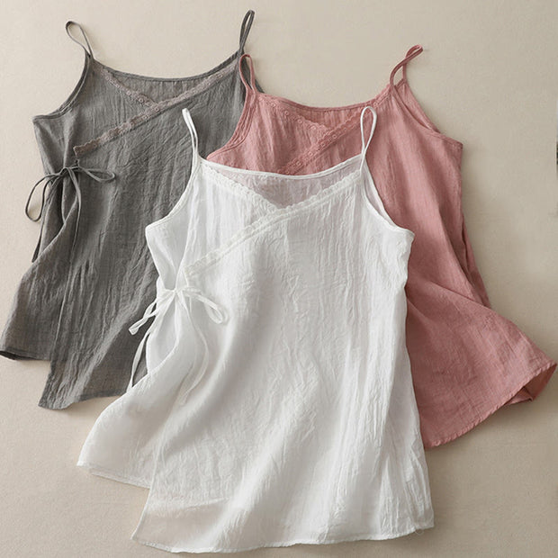 Buddha Stones Vintage Side Lace-up Splicing Lace V-neck Sleeveless Women's Cotton Linen Vest - image 12