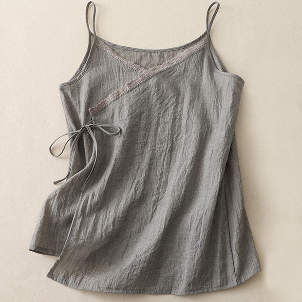 Buddha Stones Vintage Side Lace-up Splicing Lace V-neck Sleeveless Women's Cotton Linen Vest - DarkSeaGreen - US8-10，UK/AU12-14，EU40-42 (2XL) - image 8